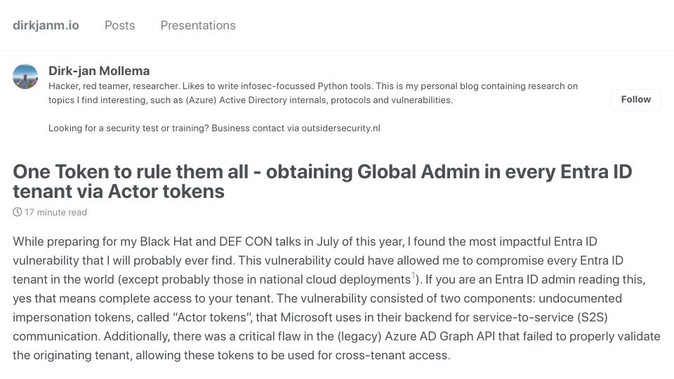 Screenshot of dirkjanm.io: One Token to rule them all – Obtaining Global Admin in every Entra ID tenant