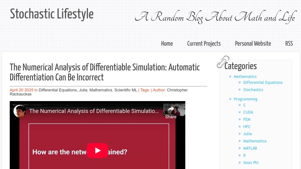 Screenshot of stochasticlifestyle.com: Automatic differentiation can be incorrect