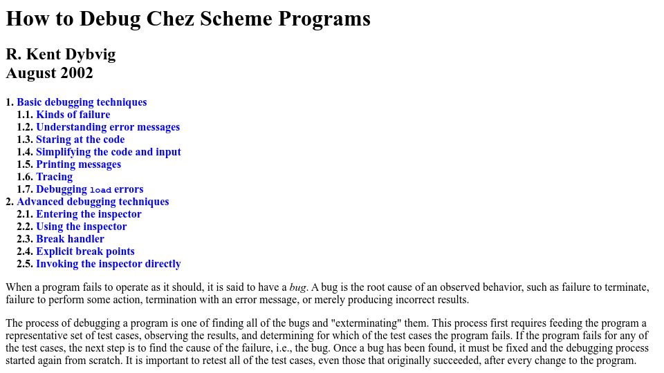 Screenshot of scheme.com: How to Debug Chez Scheme Programs (2002)