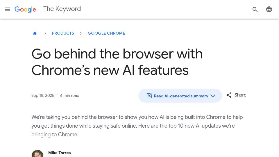 Screenshot of blog.google: Chrome's New AI Features