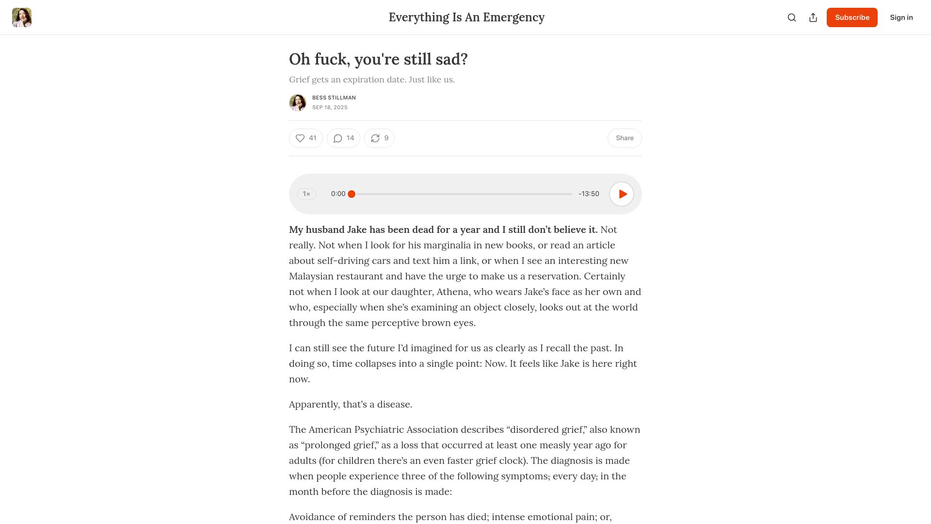 Screenshot of bessstillman.substack.com: Grief gets an expiration date, just like us