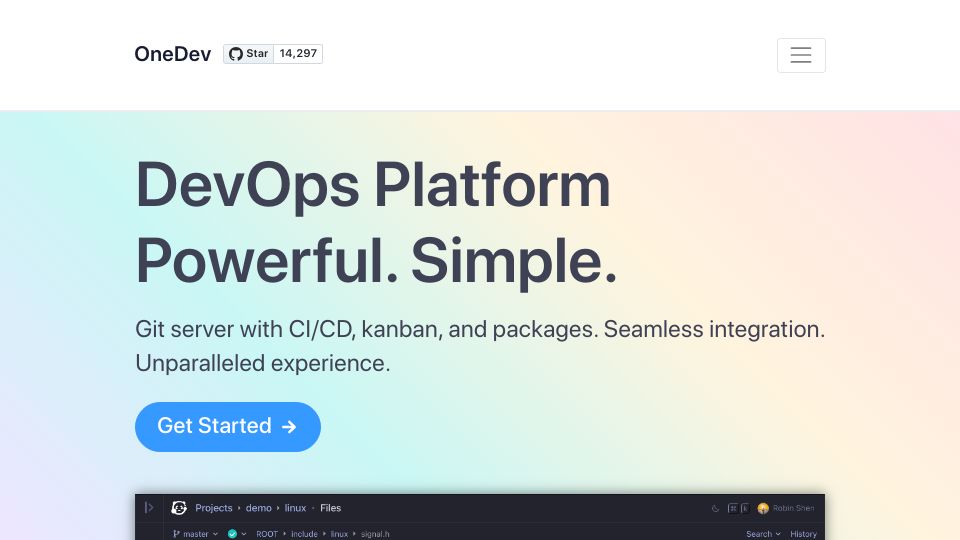 Screenshot of onedev.io: OneDev – Self-hosted Git server with CI/CD, Kanban, and packages