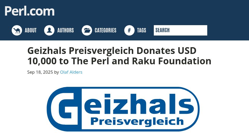 Screenshot of perl.com: Geizhals Preisvergleich Donates USD 10k to the Perl and Raku Foundation