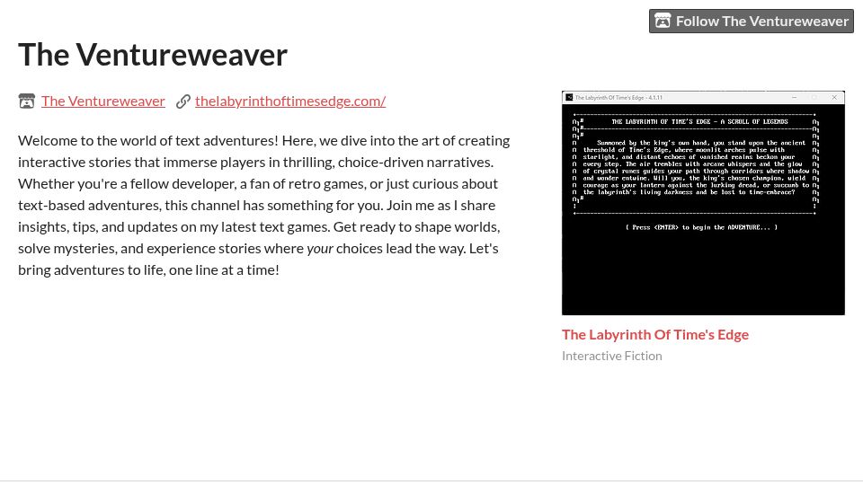 Screenshot of the-ventureweaver.itch.io: A QBasic Text Adventure Still Expanding in 2025
