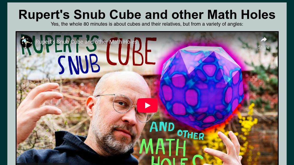Screenshot of tom7.org: Rupert's snub cube and other Math Holes