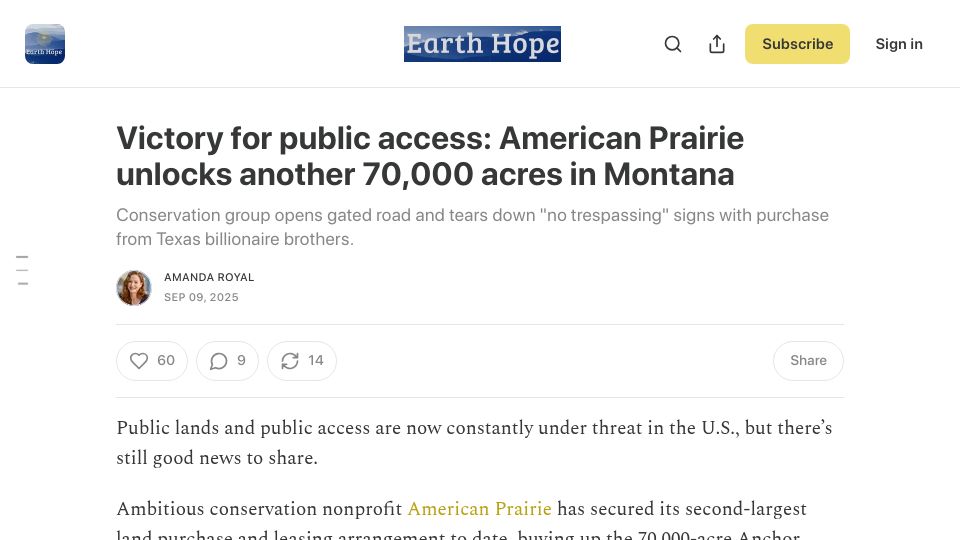 Screenshot of earthhope.substack.com: American Prairie unlocks another 70k acres in Montana