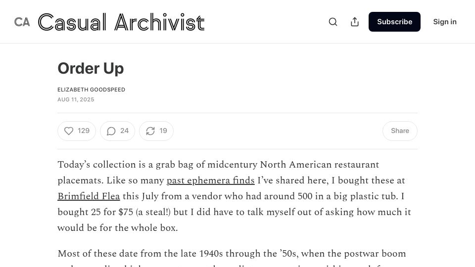 Screenshot of casualarchivist.substack.com: Midcentury North American Restaurant Placemats