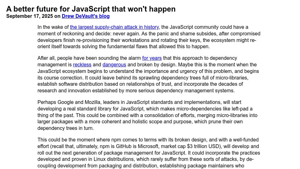 Screenshot of drewdevault.com: A better future for JavaScript that won't happen