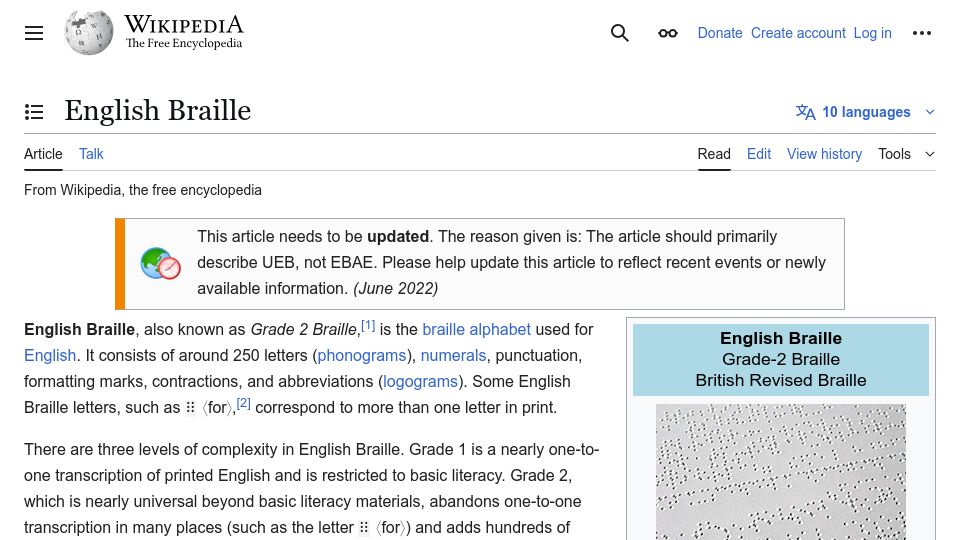 Screenshot of en.wikipedia.org: Grade 2 Braille