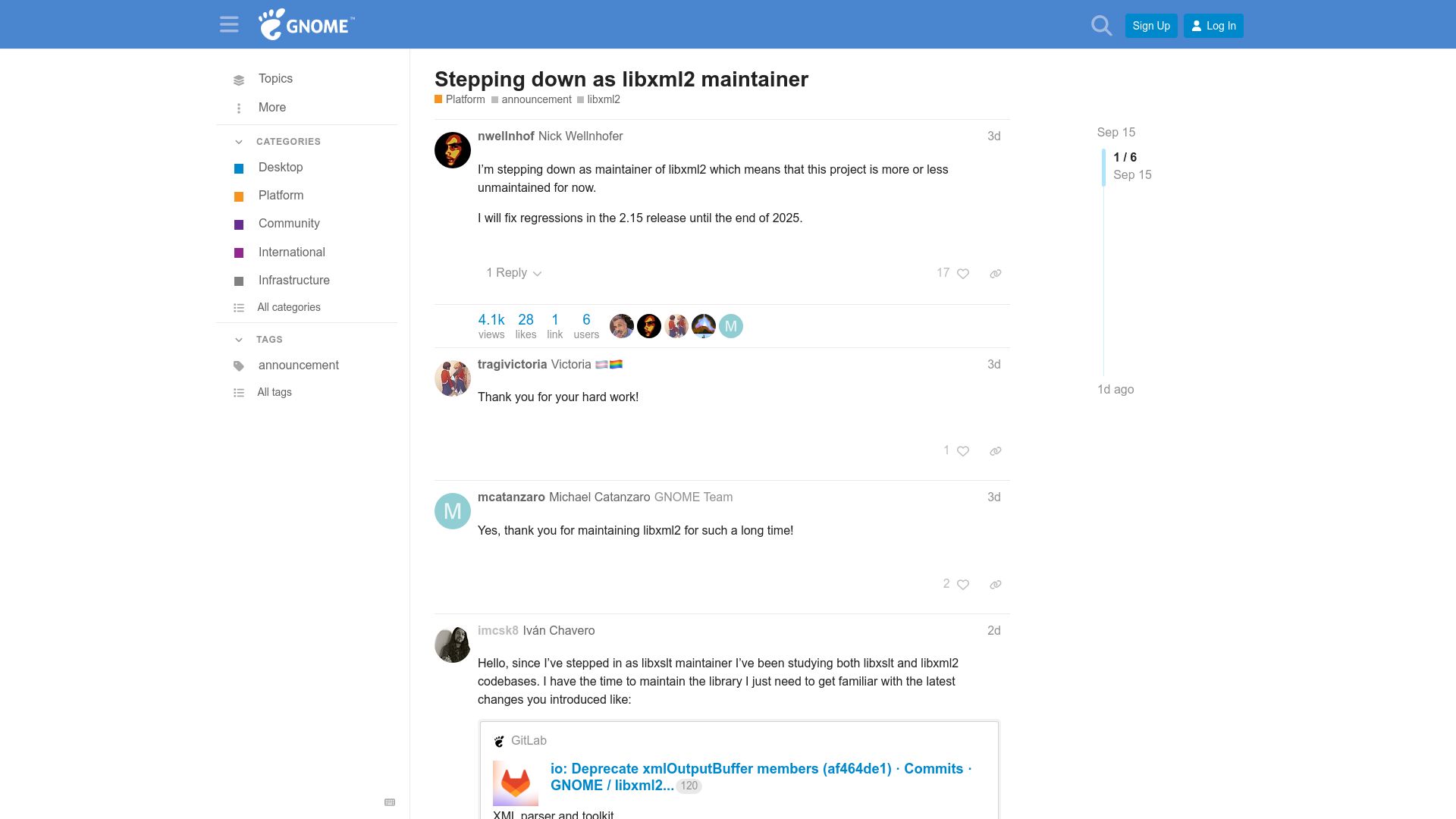 Screenshot of discourse.gnome.org: Stepping Down as Libxml2 Maintainer