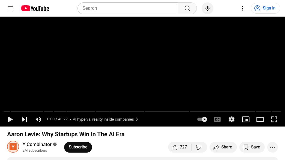 Screenshot of youtube.com: Aaron Levie: Startups win in the AI era [video]