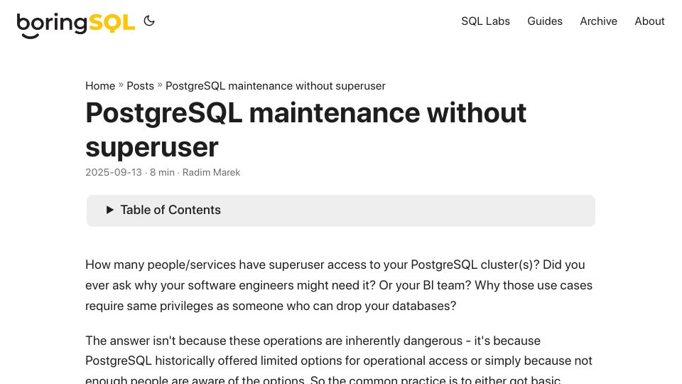 Screenshot of boringsql.com: PostgreSQL Maintenance Without Superuser
