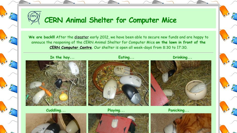 Screenshot of computer-animal-shelter.web.cern.ch: CERN Animal Shelter for Computer Mice (2011)