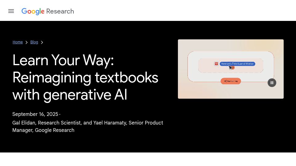 Screenshot of research.google: Learn Your Way: Reimagining Textbooks with Generative AI