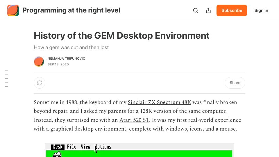 Screenshot of nemanjatrifunovic.substack.com: History of the Gem Desktop Environment