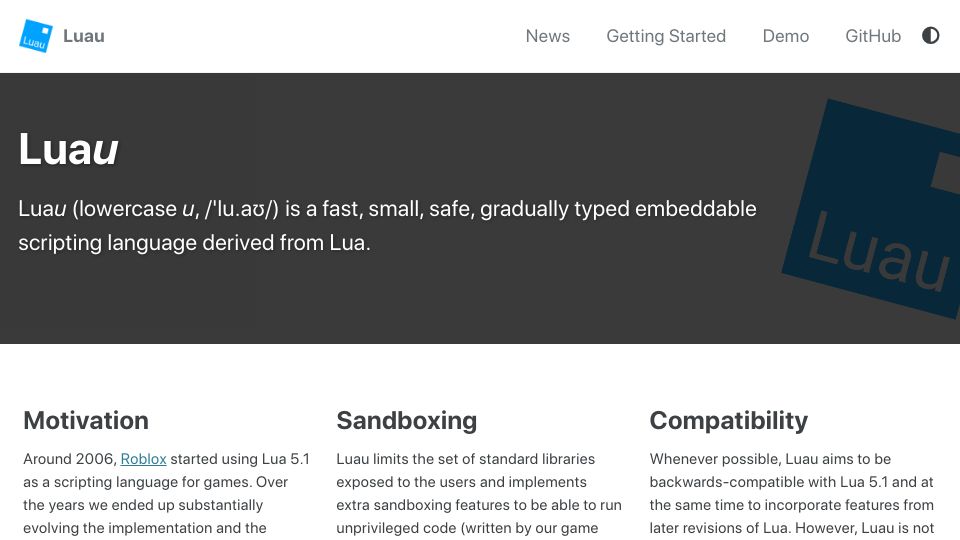 Screenshot of luau.org: Luau – Fast, small, safe, gradually typed scripting language derived from Lua