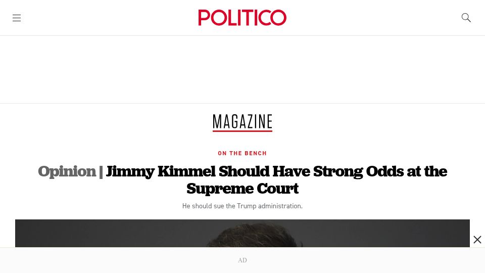Screenshot of politico.com: Jimmy Kimmel Should Have Strong Odds at the Supreme Court