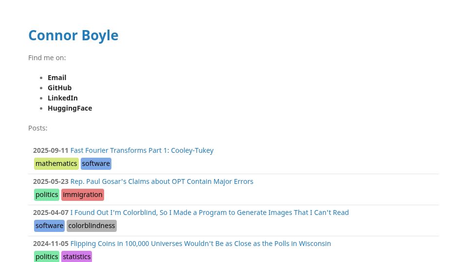 Screenshot of connorboyle.io: Fast Fourier Transforms Part 1: Cooley-Tukey
