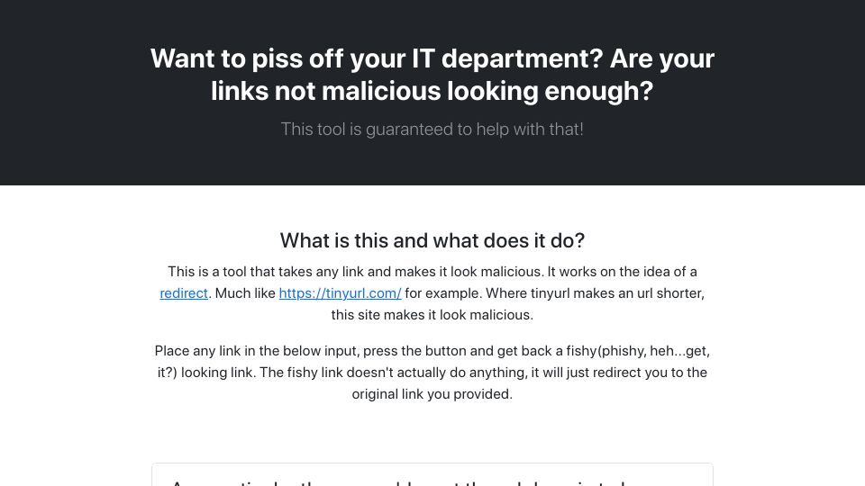Screenshot of phishyurl.com: Want to piss off your IT department? Are the links not malicious looking enough?