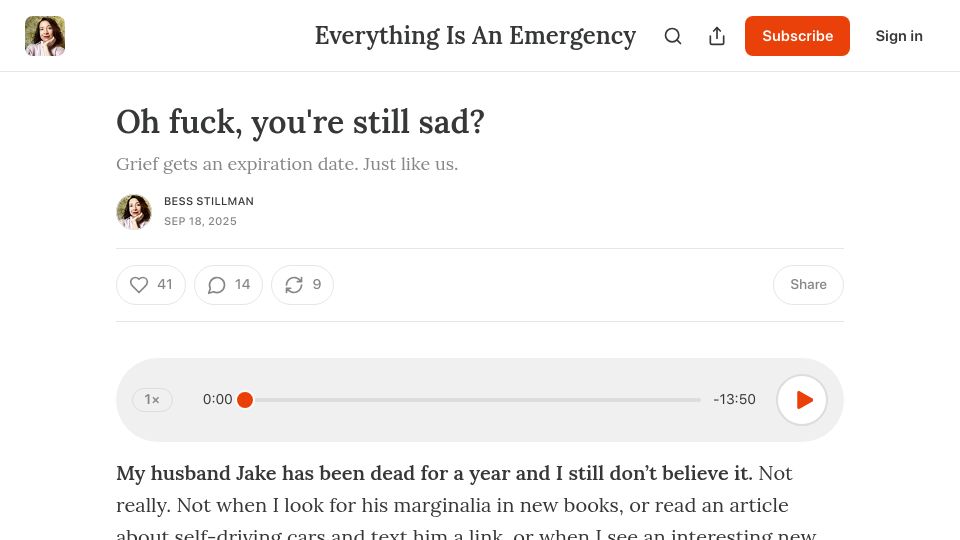 Screenshot of bessstillman.substack.com: Grief gets an expiration date, just like us