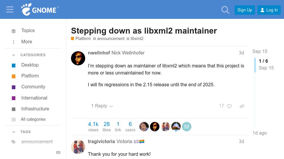 Screenshot of discourse.gnome.org: Stepping Down as Libxml2 Maintainer