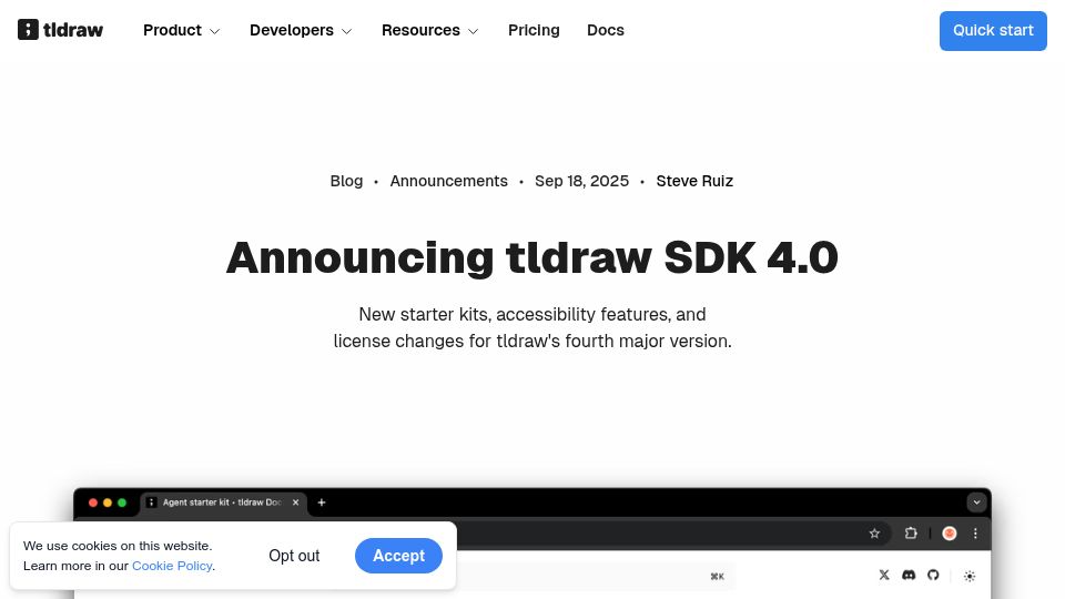 Screenshot of tldraw.dev: Tldraw SDK 4.0