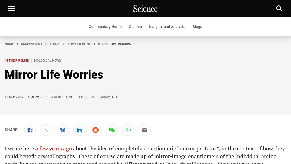 Screenshot of science.org: Mirror Life Worries