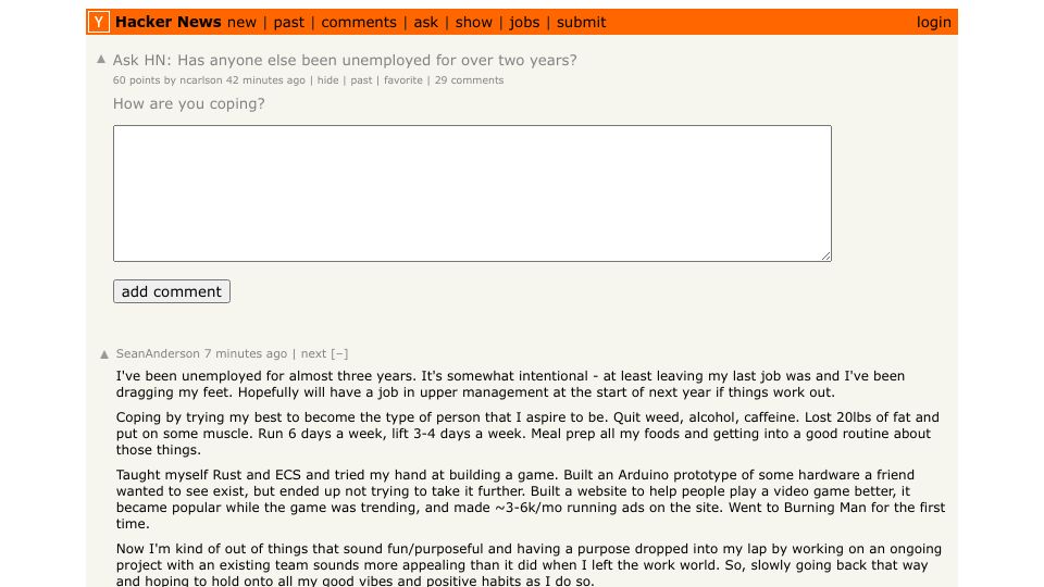 Screenshot of Hacker News post: Ask HN: Has anyone else been unemployed for over two years?