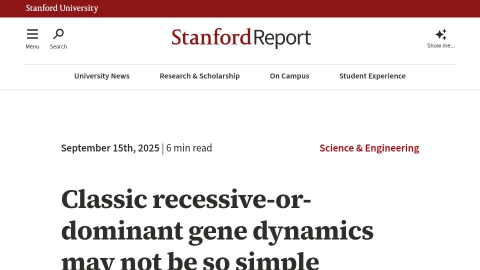 Screenshot of news.stanford.edu: Classic recessive-or-dominant gene dynamics may not be so simple
