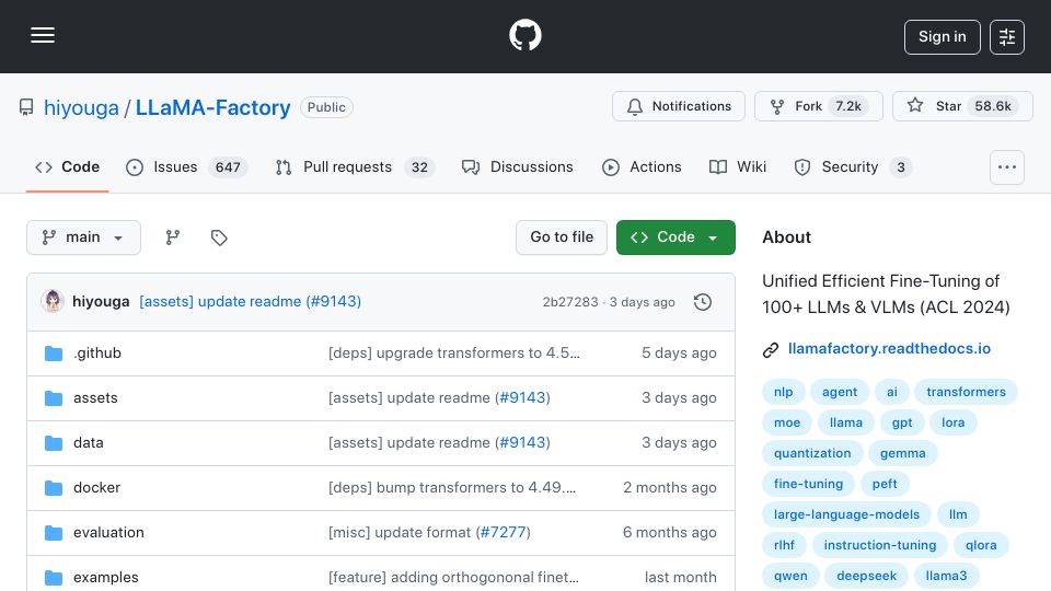 Screenshot of github.com: Llama-Factory: Unified, Efficient Fine-Tuning for 100 Open LLMs