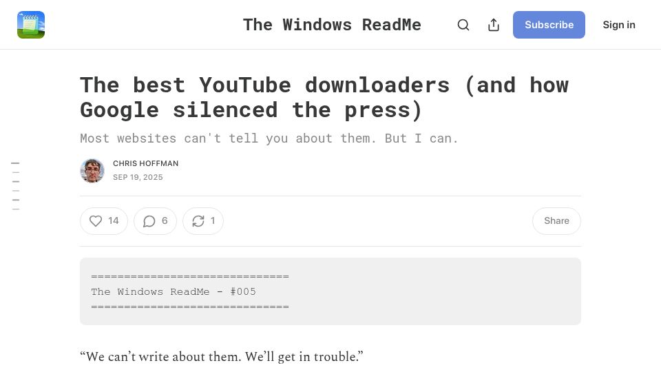 Screenshot of windowsread.me: The best YouTube downloaders, and how Google silenced the press