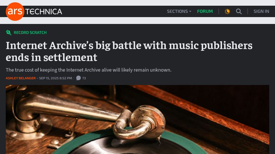 Screenshot of arstechnica.com: Internet Archive's big battle with music publishers ends in settlement