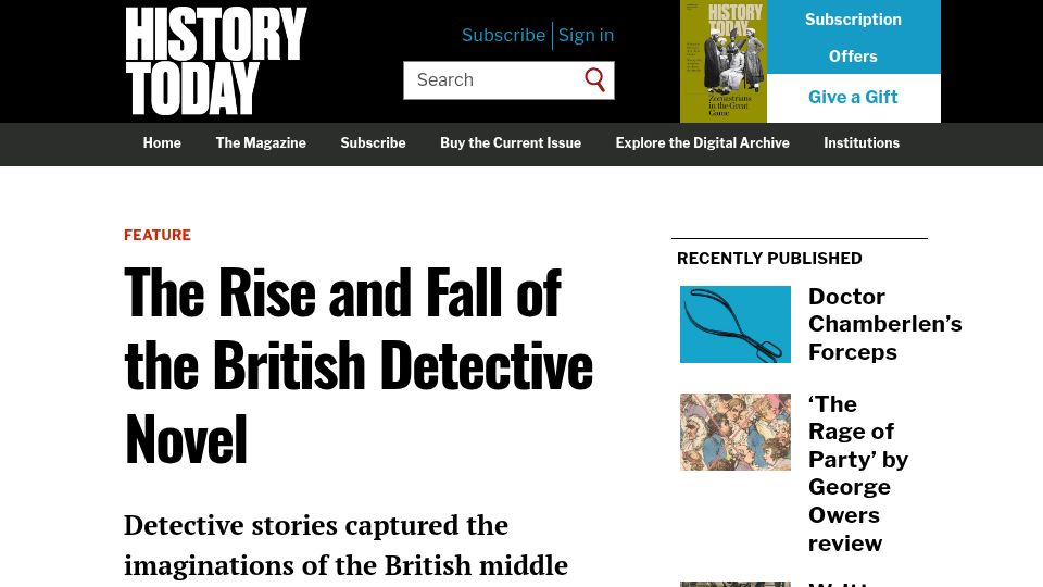Screenshot of historytoday.com: The Rise and Fall of the British Detective Novel (2010)