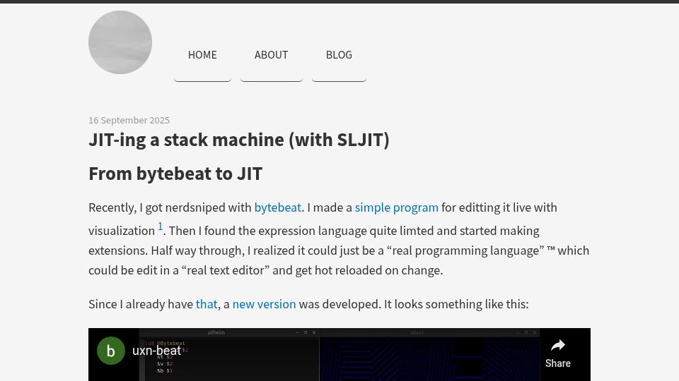 Screenshot of bullno1.com: JIT-ing a stack machine (with SLJIT)