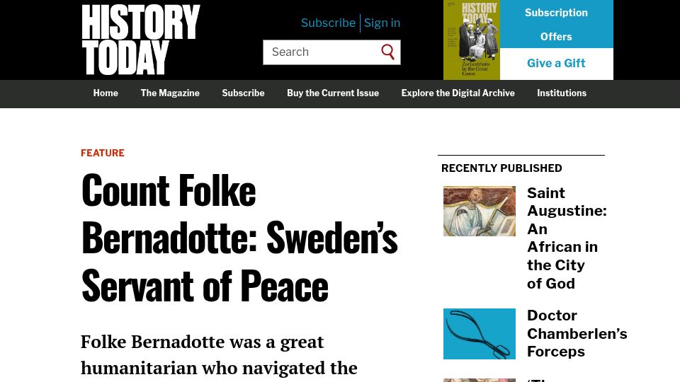 Screenshot of historytoday.com: Count Folke Bernadotte: Sweden's Servant of Peace (2010)