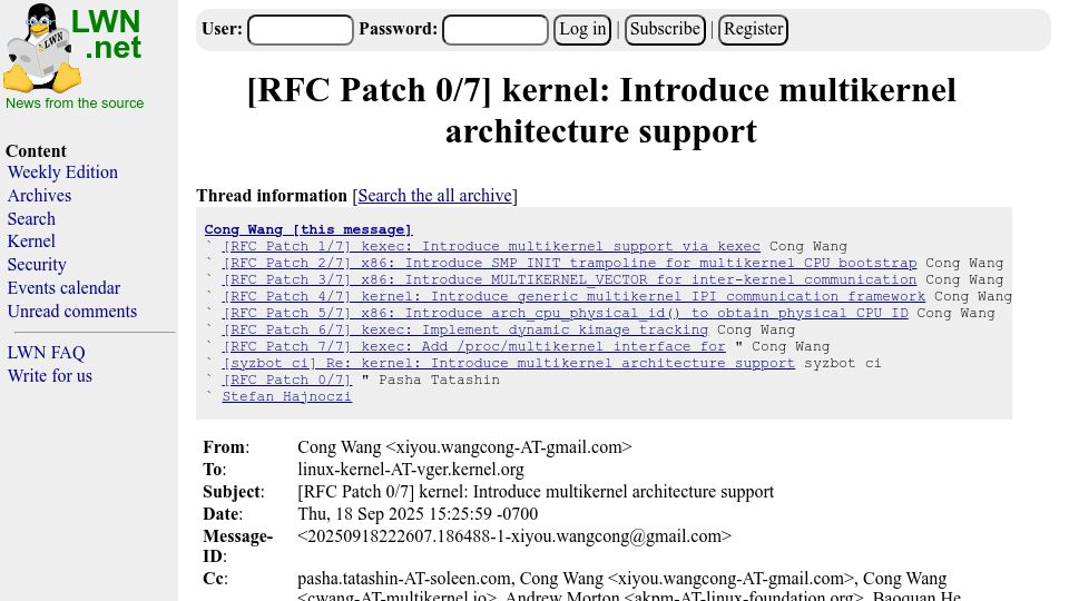 Screenshot of lwn.net: Kernel: Introduce Multikernel Architecture Support