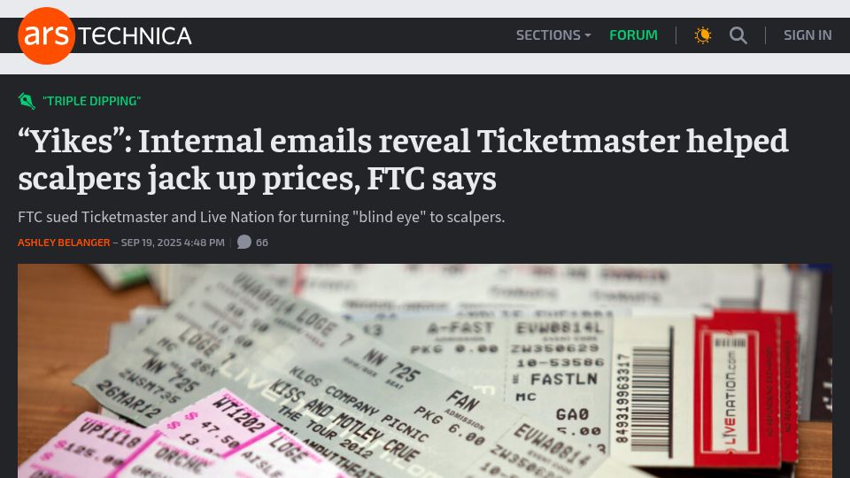 Screenshot of arstechnica.com: Internal emails reveal Ticketmaster helped scalpers jack up prices, FTC says
