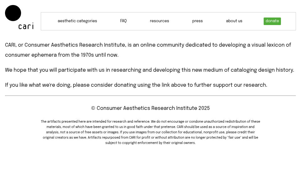 Screenshot of cari.institute: Visual lexicon of consumer aesthetics from the 1970s until now