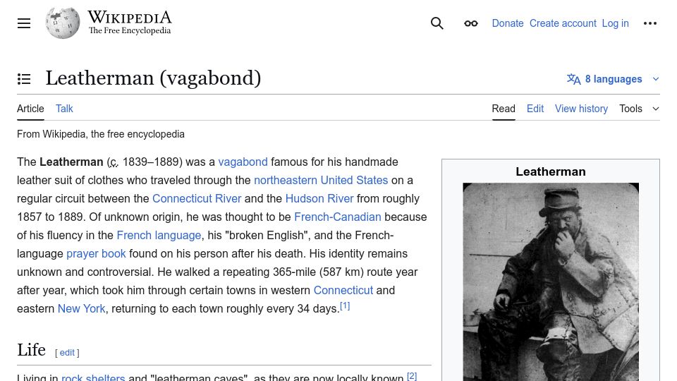 Screenshot of en.wikipedia.org: Leatherman (vagabond)