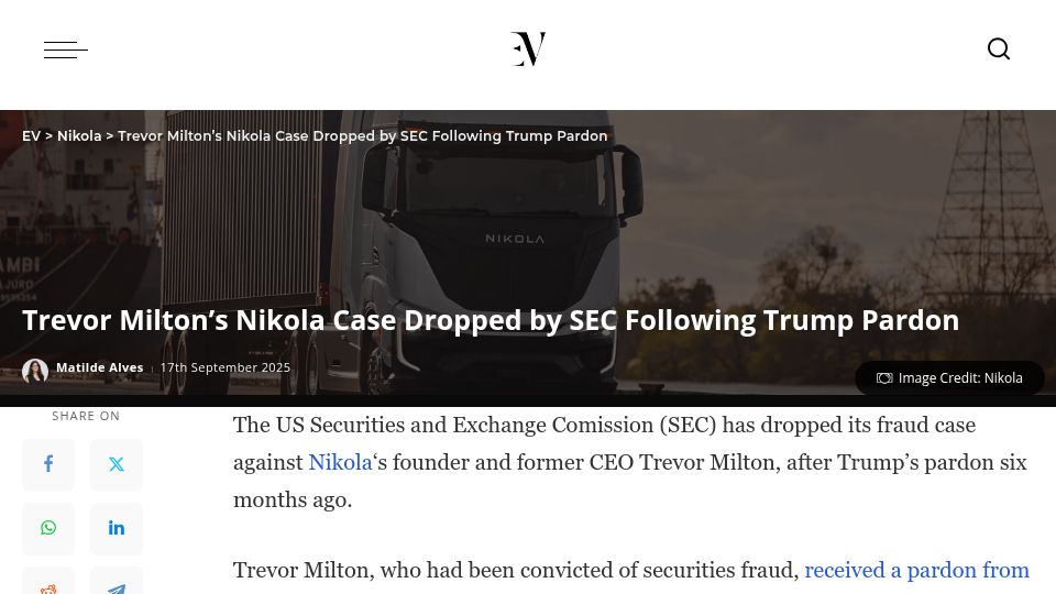 Screenshot of eletric-vehicles.com: Trevor Milton's Nikola case dropped by SEC following Trump pardon