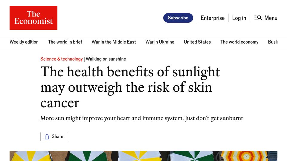 Screenshot of economist.com: The health benefits of sunlight may outweigh the risk of skin cancer