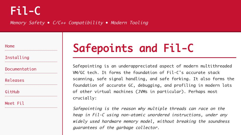 Screenshot of fil-c.org: Safepoints and Fil-C