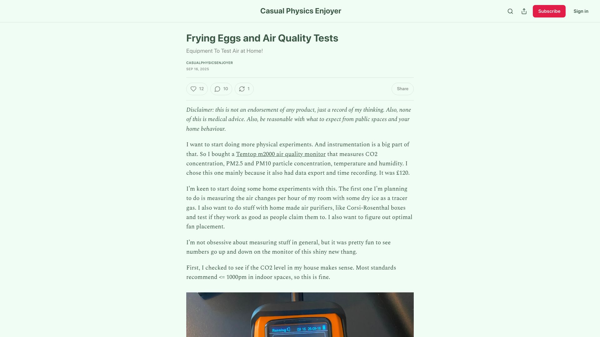Screenshot of chillphysicsenjoyer.substack.com: Frying Eggs and Air Quality Tests