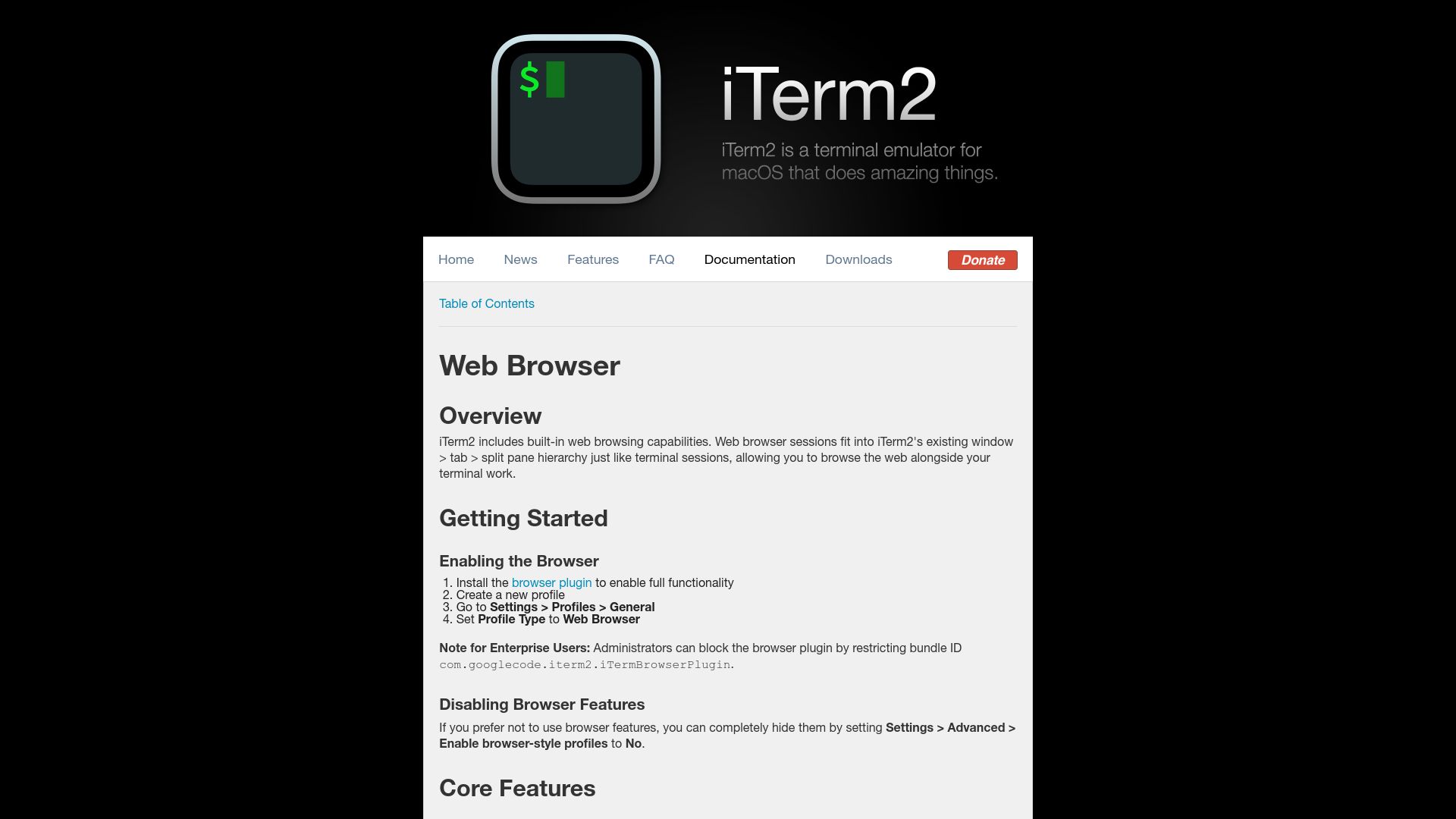 Screenshot of iterm2.com: iTerm2 Web Browser