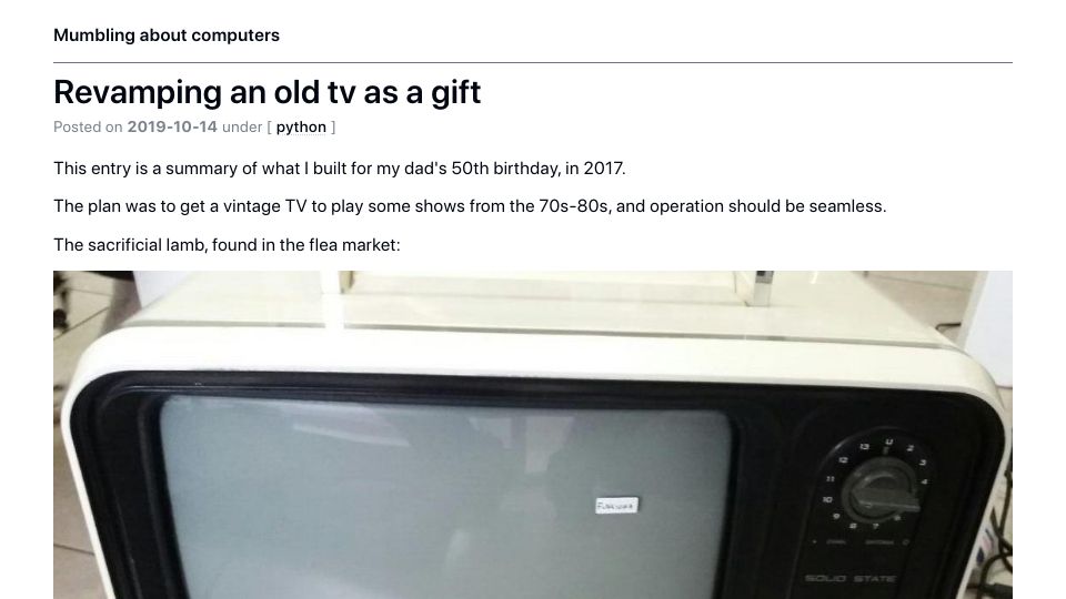 Screenshot of blog.davidv.dev: Revamping an Old TV as a Gift (2019)