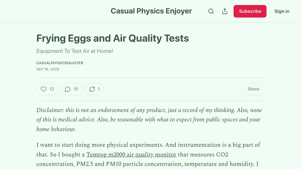 Screenshot of chillphysicsenjoyer.substack.com: Frying Eggs and Air Quality Tests