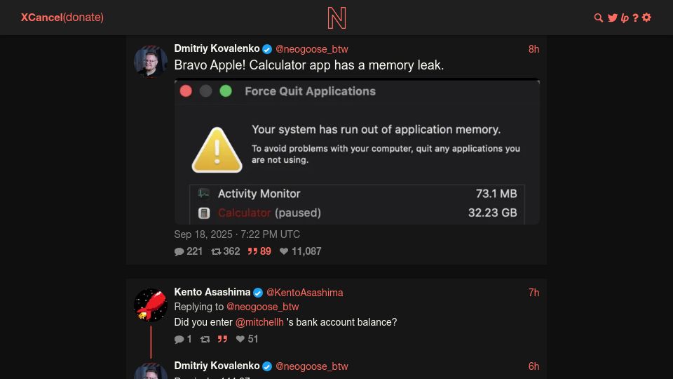Screenshot of xcancel.com: Bravo Apple! Calculator app has a memory leak