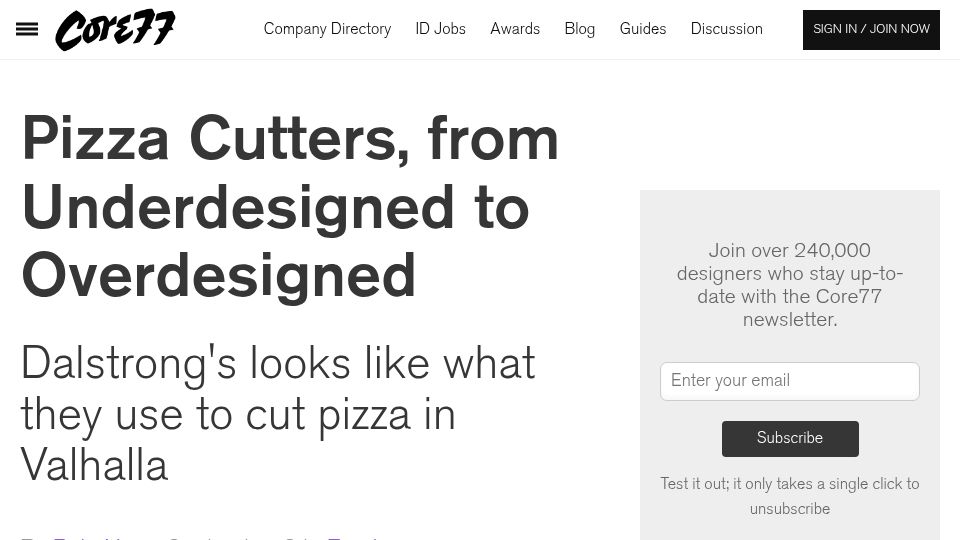 Screenshot of core77.com: Pizza Cutters, from Underdesigned to Overdesigned