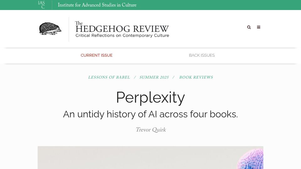 Screenshot of hedgehogreview.com: An untidy history of AI across four books