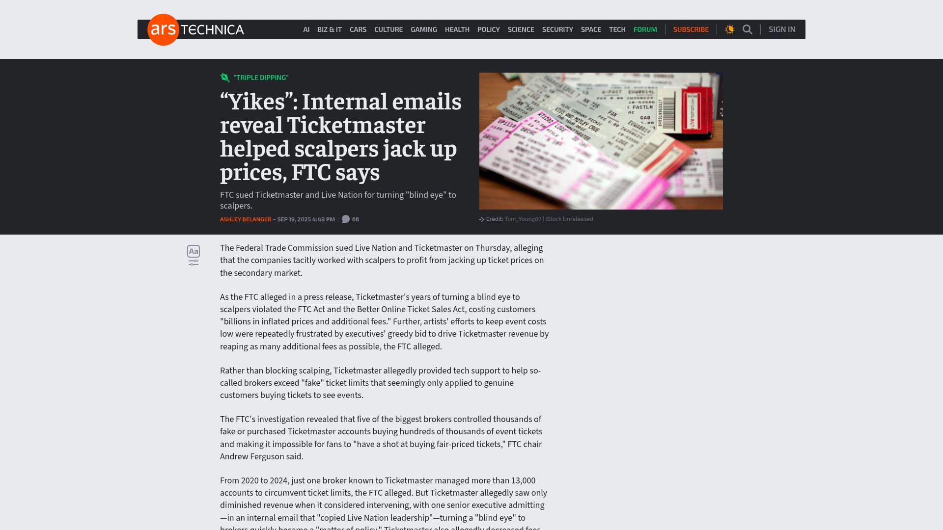 Screenshot of arstechnica.com: Internal emails reveal Ticketmaster helped scalpers jack up prices, FTC says